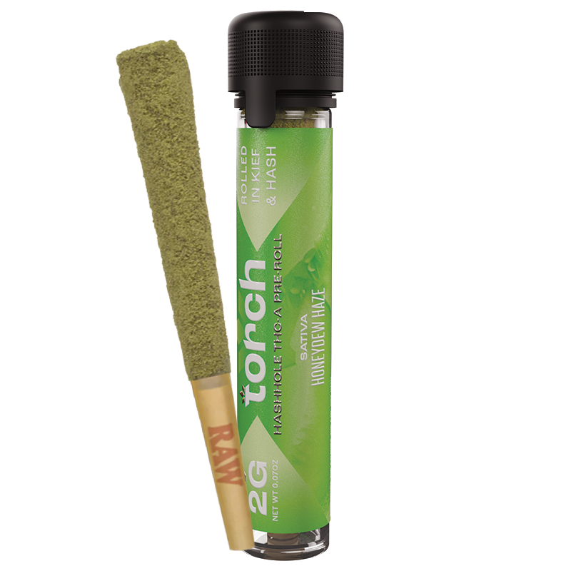 A green cylindrical container with a label displaying 'Honeydew Haze' next to a rolled pre-roll.