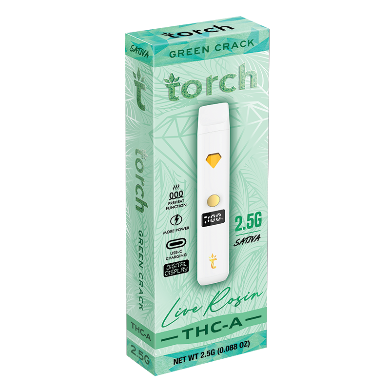 torch live rosin thc-a 2.5g disposable vape pen Torch Live Rosin THC-a Blend Green Crack | Sativa