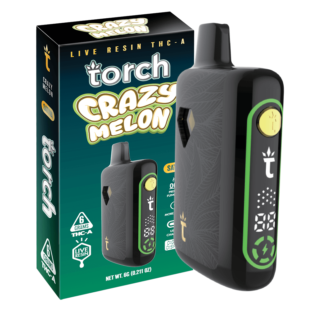 black vaporizer pen with green accents and digital display, labeled 'Torch Crazy Melon'.